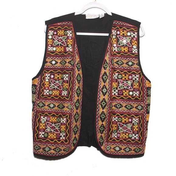 Vintage Passports Boho Cotton Mirror Accent Embroidered Vest Size Large - Picture 1 of 7